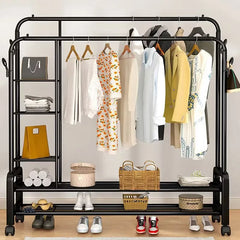 Suport Dublu de Umerase pentru Haine, Stand Metalic Organizator, 162x110cm, Negru, cu Roti - imagine 3