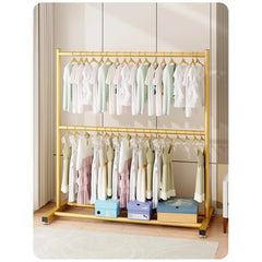 Suport haine metalic 2 niveluri, tub gros, auriu, 80x30x150 cm